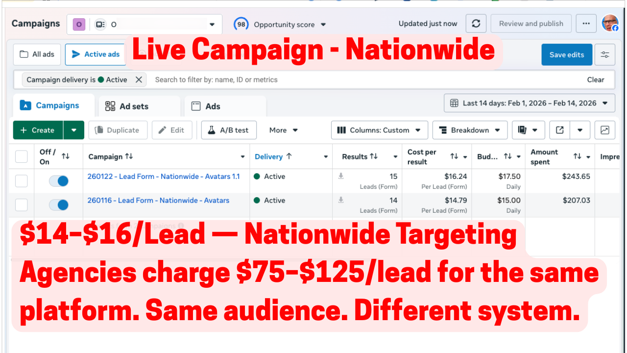 Nationwide campaign producing $14-$16 per lead